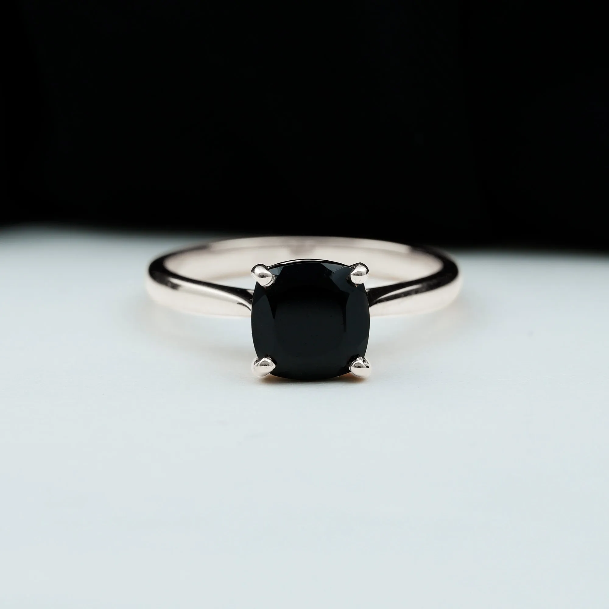 Cushion Cut Black Onyx Solitaire Ring with Surprise Diamond
