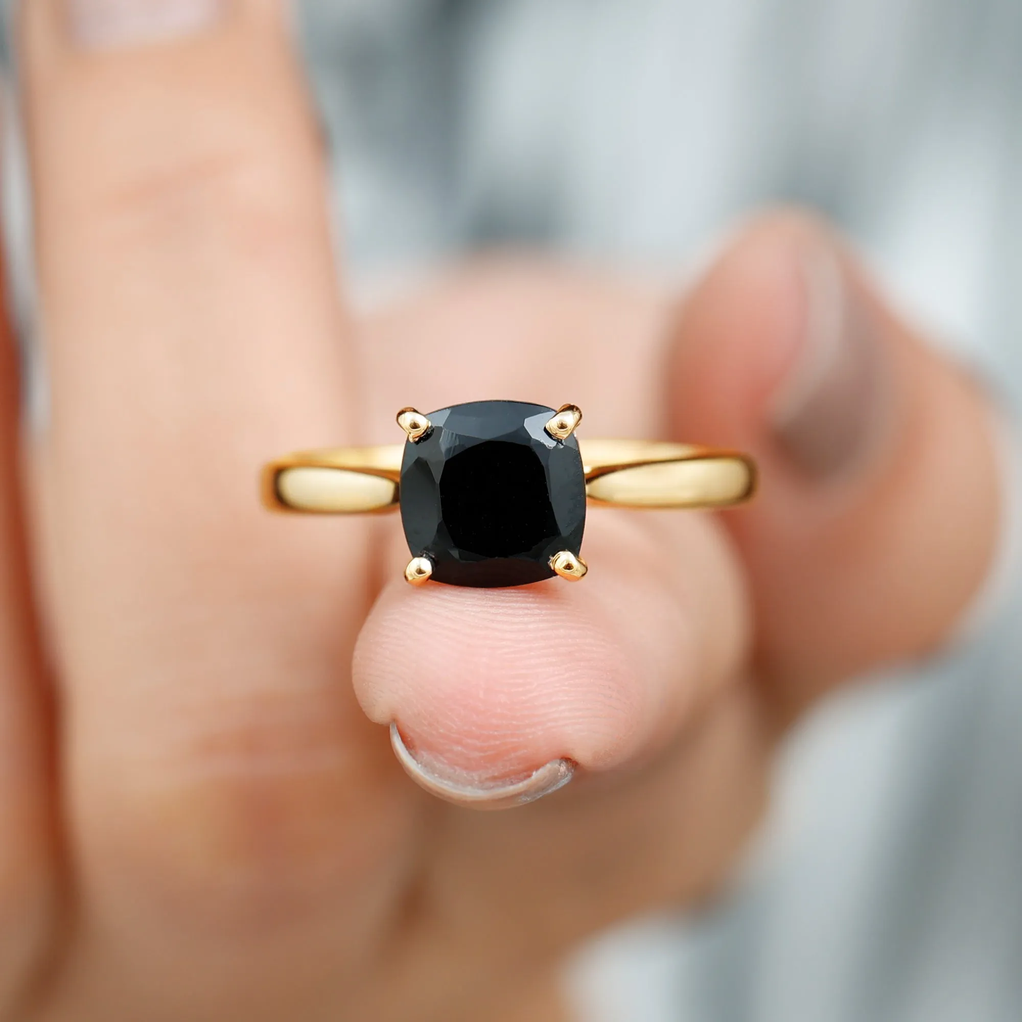 Cushion Cut Black Onyx Solitaire Ring with Surprise Diamond