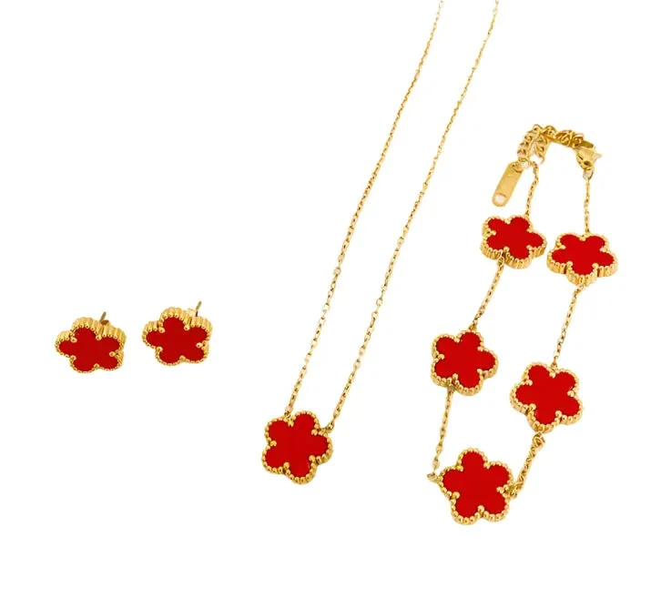 Cute Women Necklace With Five-leaf Flower Pendant Necklace Earring Bracelet Suit