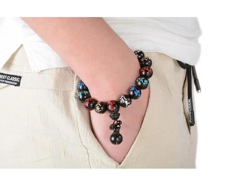 Dark Wood Color-Engraved Buddhist Prayer Bracelet