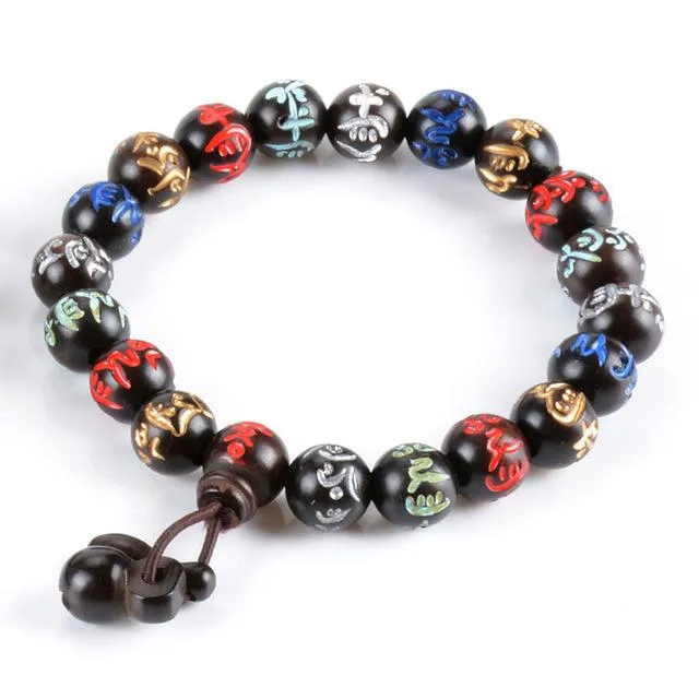 Dark Wood Color-Engraved Buddhist Prayer Bracelet