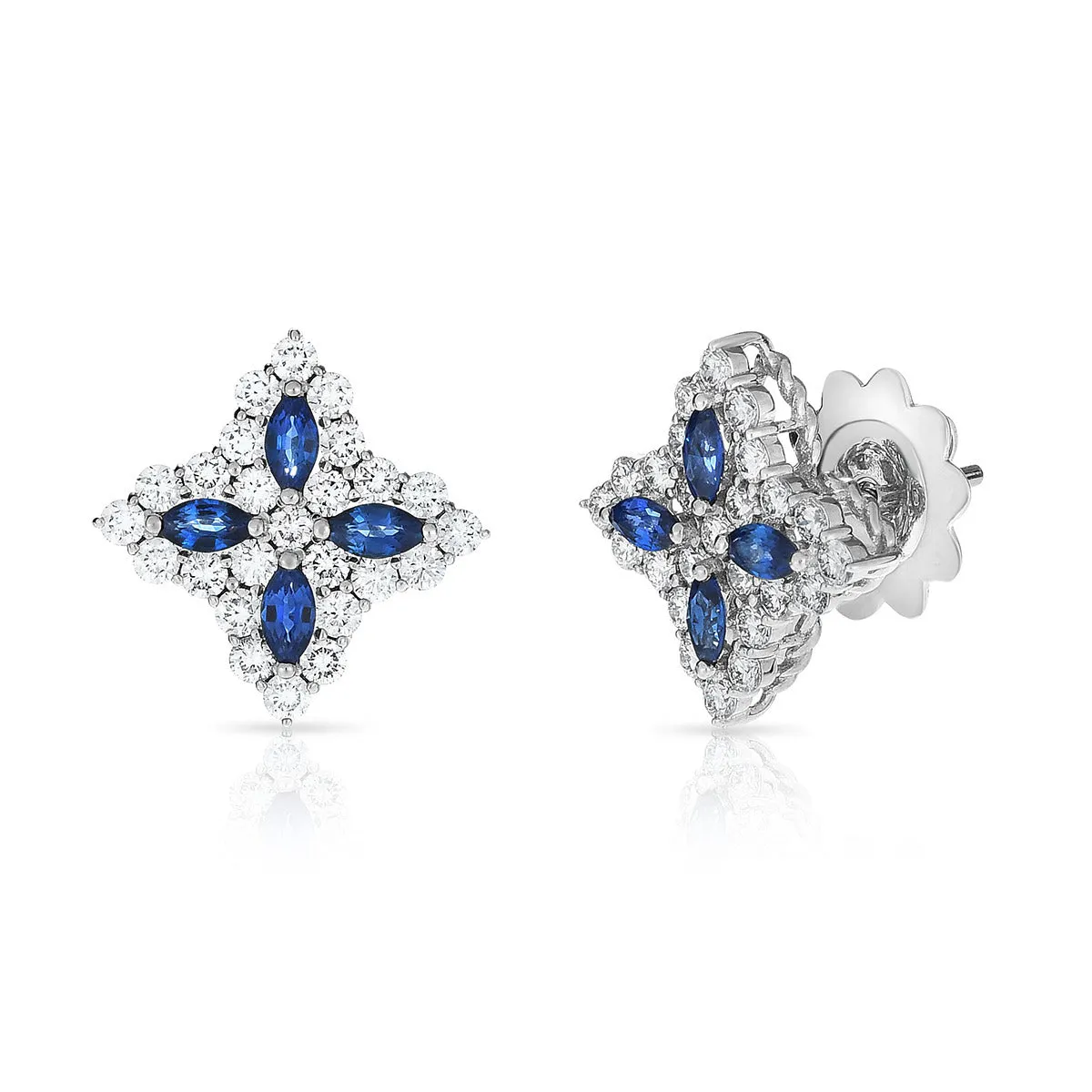 Diamond and Sapphire Princess Flower Medium Size Stud Earrings