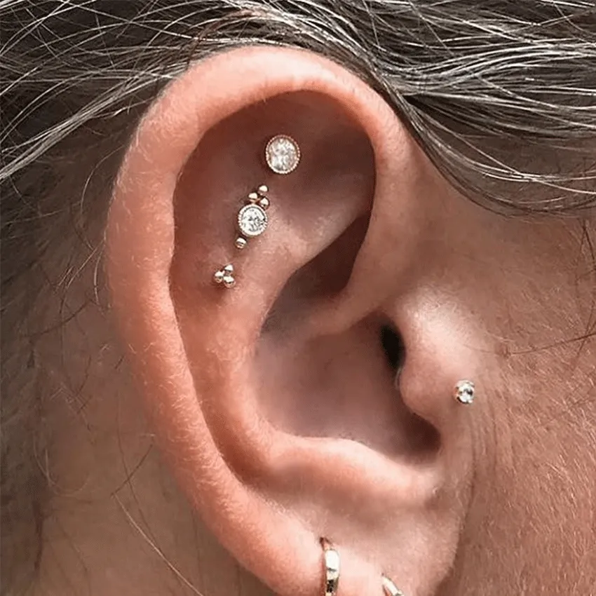 Diamond Four Ball Trinity Earring by Maria Tash in 18K White Gold. Flat Stud.