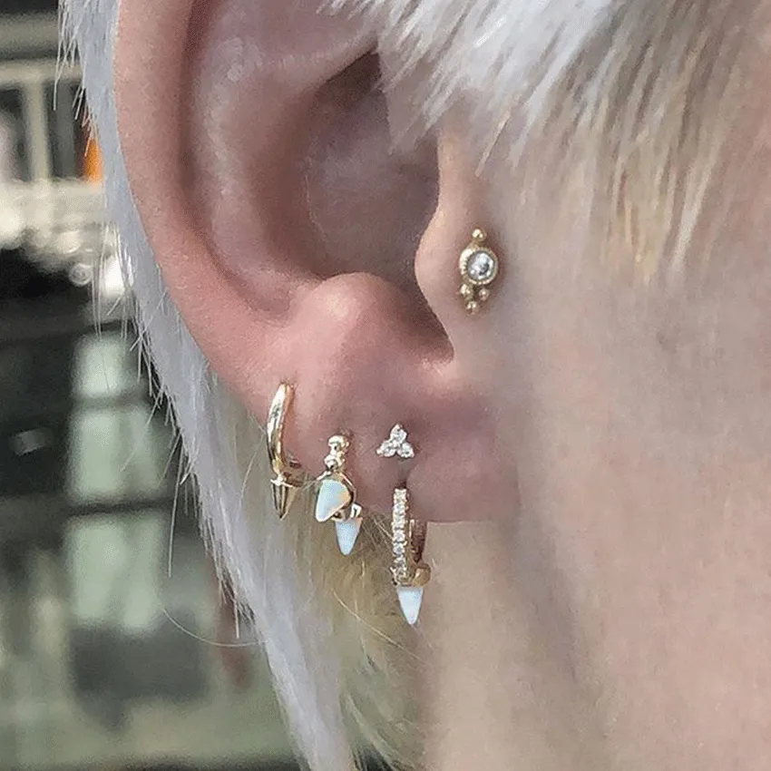 Diamond Four Ball Trinity Earring by Maria Tash in 18K White Gold. Flat Stud.