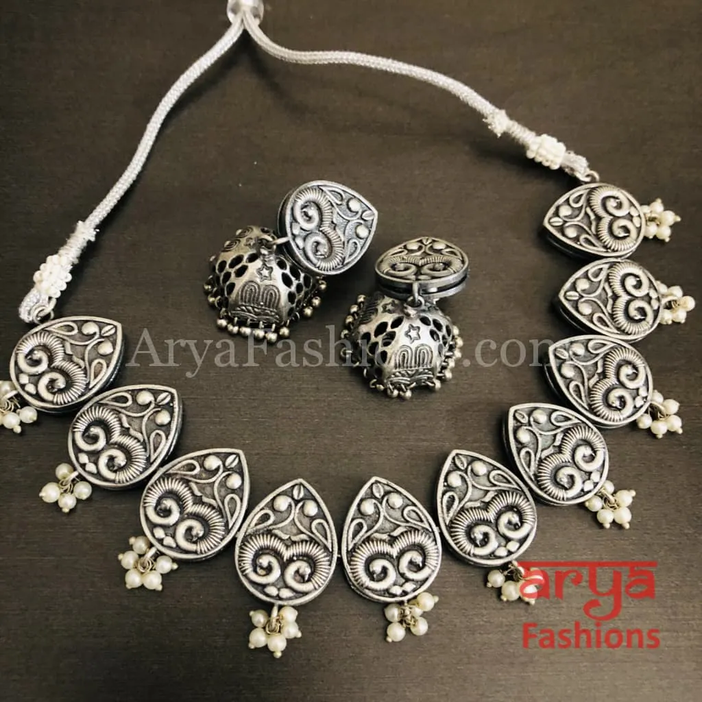 Emory Silver Oxidized Tribal Choker Necklace with Jhumka earrings