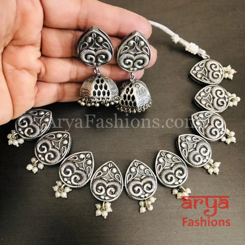 Emory Silver Oxidized Tribal Choker Necklace with Jhumka earrings
