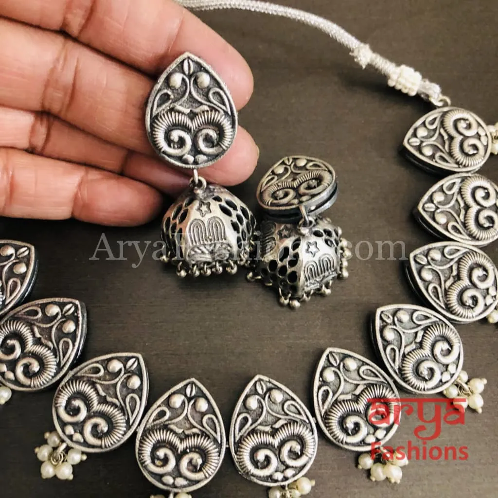 Emory Silver Oxidized Tribal Choker Necklace with Jhumka earrings