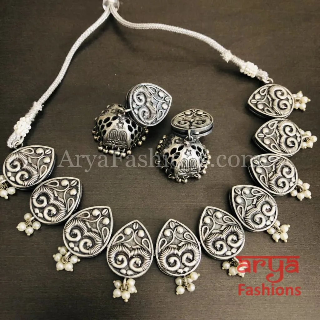 Emory Silver Oxidized Tribal Choker Necklace with Jhumka earrings