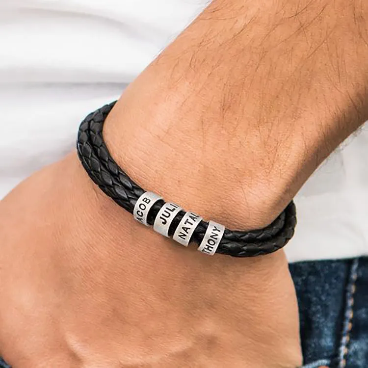 Engraved Titanium Beads Leather Bracelet [ Sexy silver grey dude]