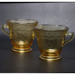 Federal Patrician Amber Creamer Sugar Bowl Set Depression Glass Vintage USA