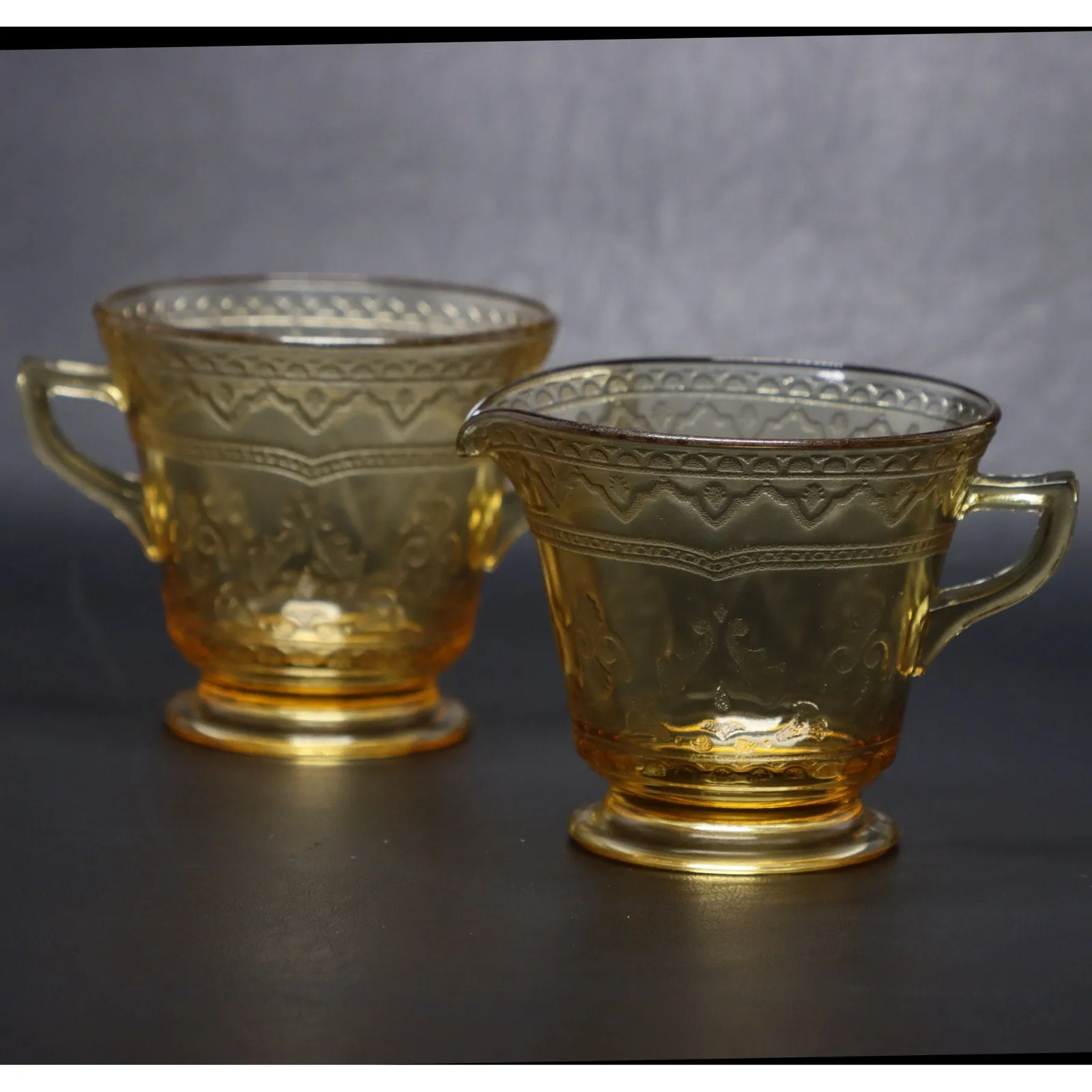 Federal Patrician Amber Creamer Sugar Bowl Set Depression Glass Vintage USA