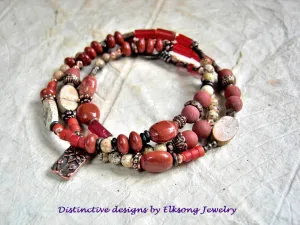 Fire Lotus Asymmetrical Wrap Bracelet/Necklace, Red & Picture Jasper