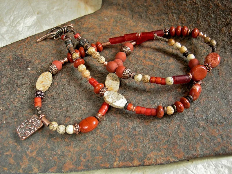 Fire Lotus Asymmetrical Wrap Bracelet/Necklace, Red & Picture Jasper