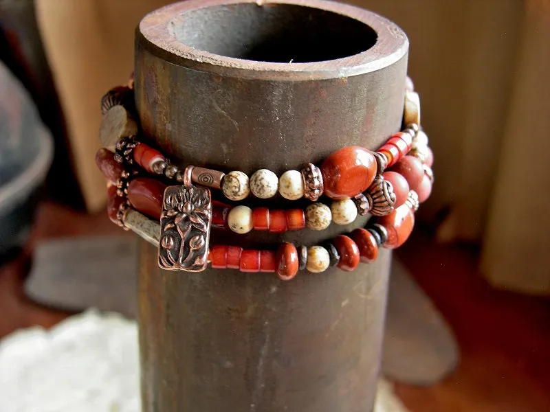 Fire Lotus Asymmetrical Wrap Bracelet/Necklace, Red & Picture Jasper