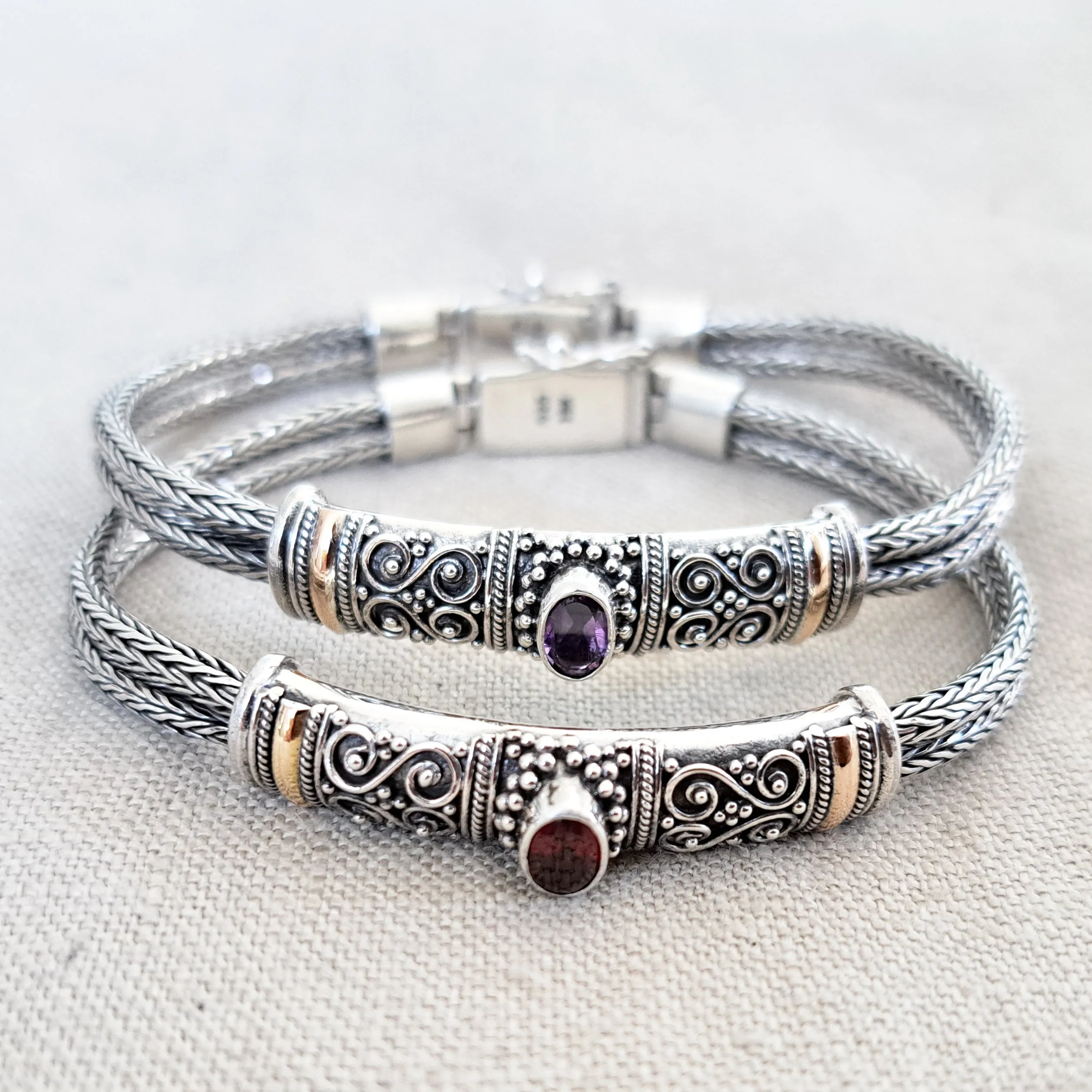 Gemstone .925 Sterling Silver Bracelet with 14kt Gold Inlay from Bali