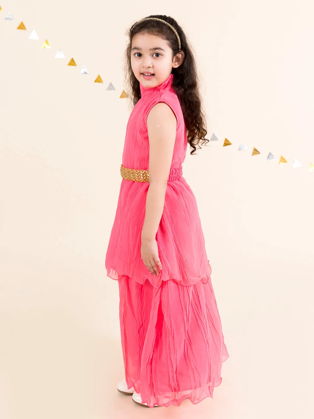 Girls Coral Panelled Kurti With Palazzos - Ps Peaches