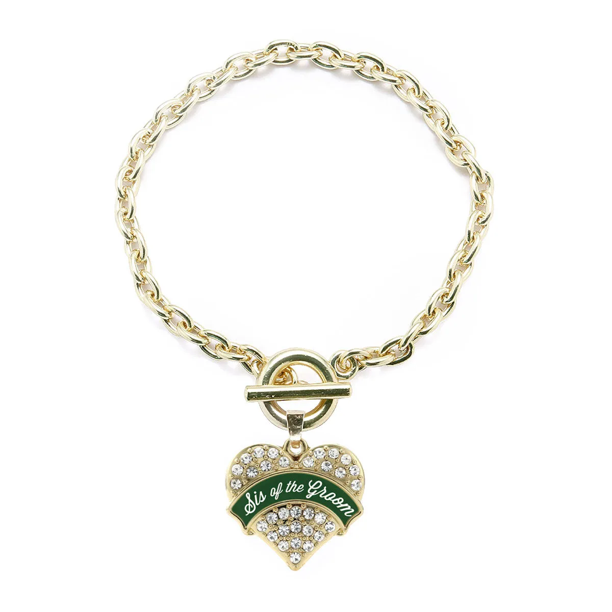Gold Forest Green Sis of Groom Pave Heart Charm Toggle Bracelet