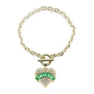 Gold Green Banner X-Mas 2015 Pave Heart Charm Toggle Bracelet