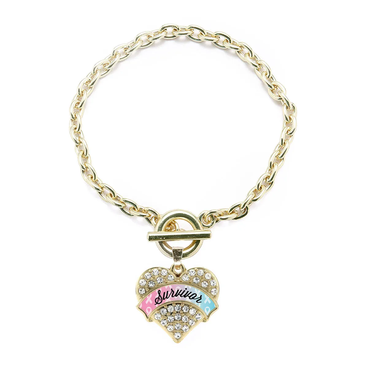 Gold Light Blue & Light Pink Ribbon Survivor Pave Heart Charm Toggle Bracelet