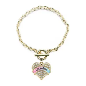 Gold Light Blue & Light Pink Ribbon Survivor Pave Heart Charm Toggle Bracelet
