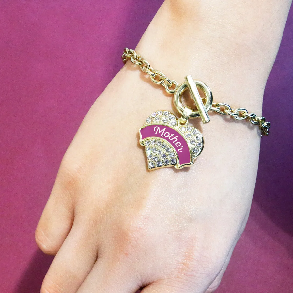 Gold Magenta Mother Pave Heart Charm Toggle Bracelet