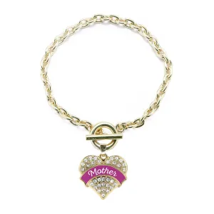 Gold Magenta Mother Pave Heart Charm Toggle Bracelet