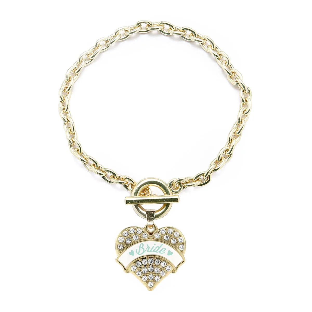 Gold Mint Bride Pave Heart Charm Toggle Bracelet