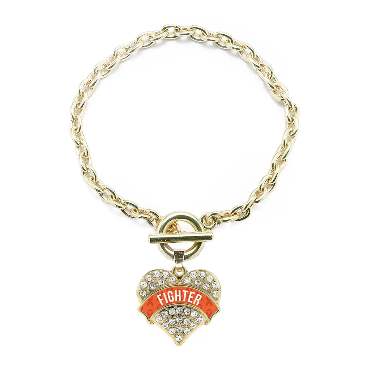 Gold Orange Fighter Pave Heart Charm Toggle Bracelet