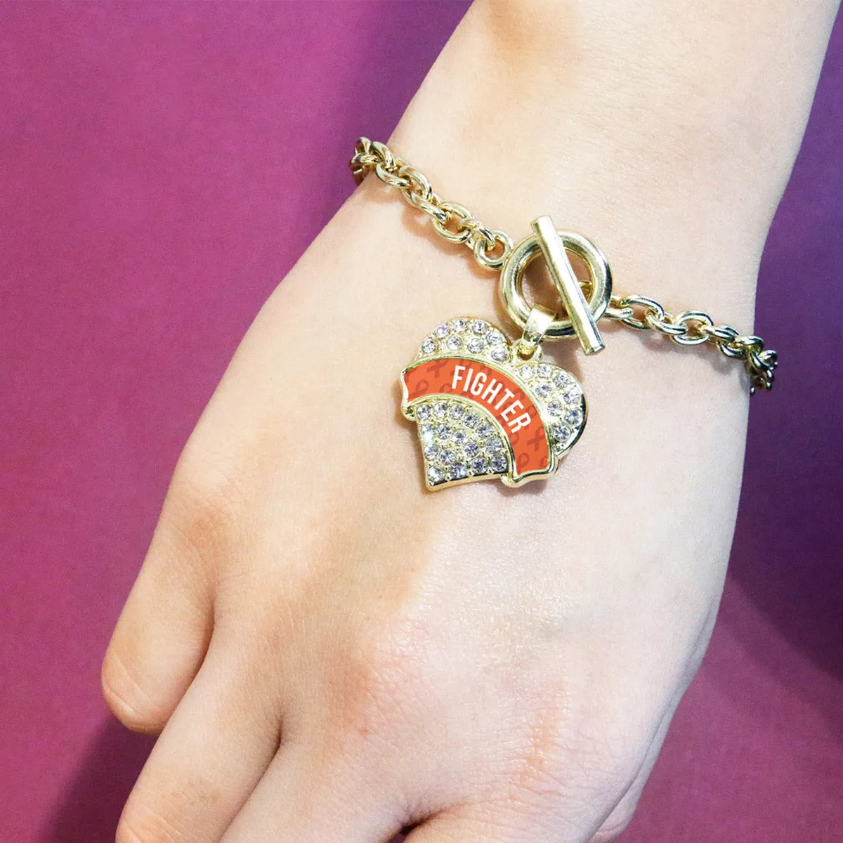 Gold Orange Fighter Pave Heart Charm Toggle Bracelet
