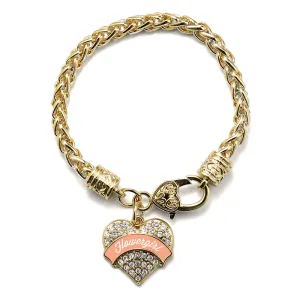 Gold Peach Flower Girl Pave Heart Charm Braided Bracelet