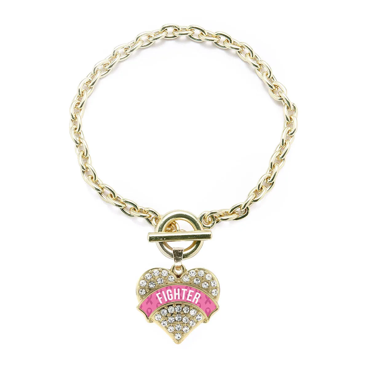 Gold Pink Fighter Pave Heart Charm Toggle Bracelet