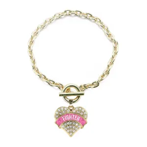 Gold Pink Fighter Pave Heart Charm Toggle Bracelet