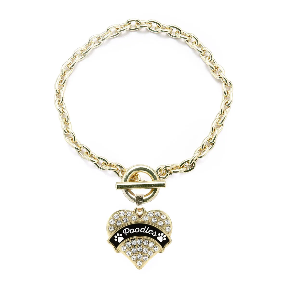 Gold Poodles - Paw Prints Pave Heart Charm Toggle Bracelet