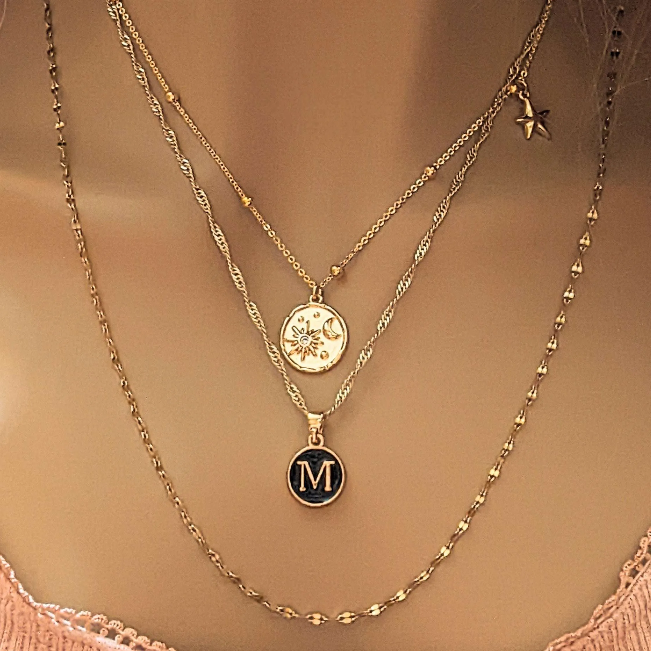 Gold Sun Moon Initial Layered Necklace Set