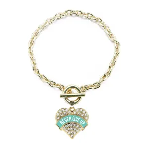Gold Teal Banner Never Give up Pave Heart Charm Toggle Bracelet