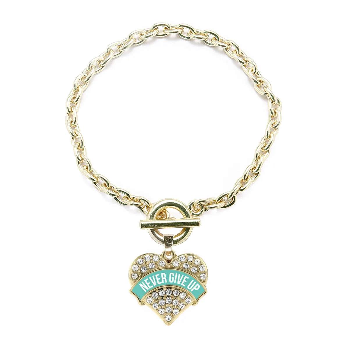 Gold Teal Banner Never Give up Pave Heart Charm Toggle Bracelet