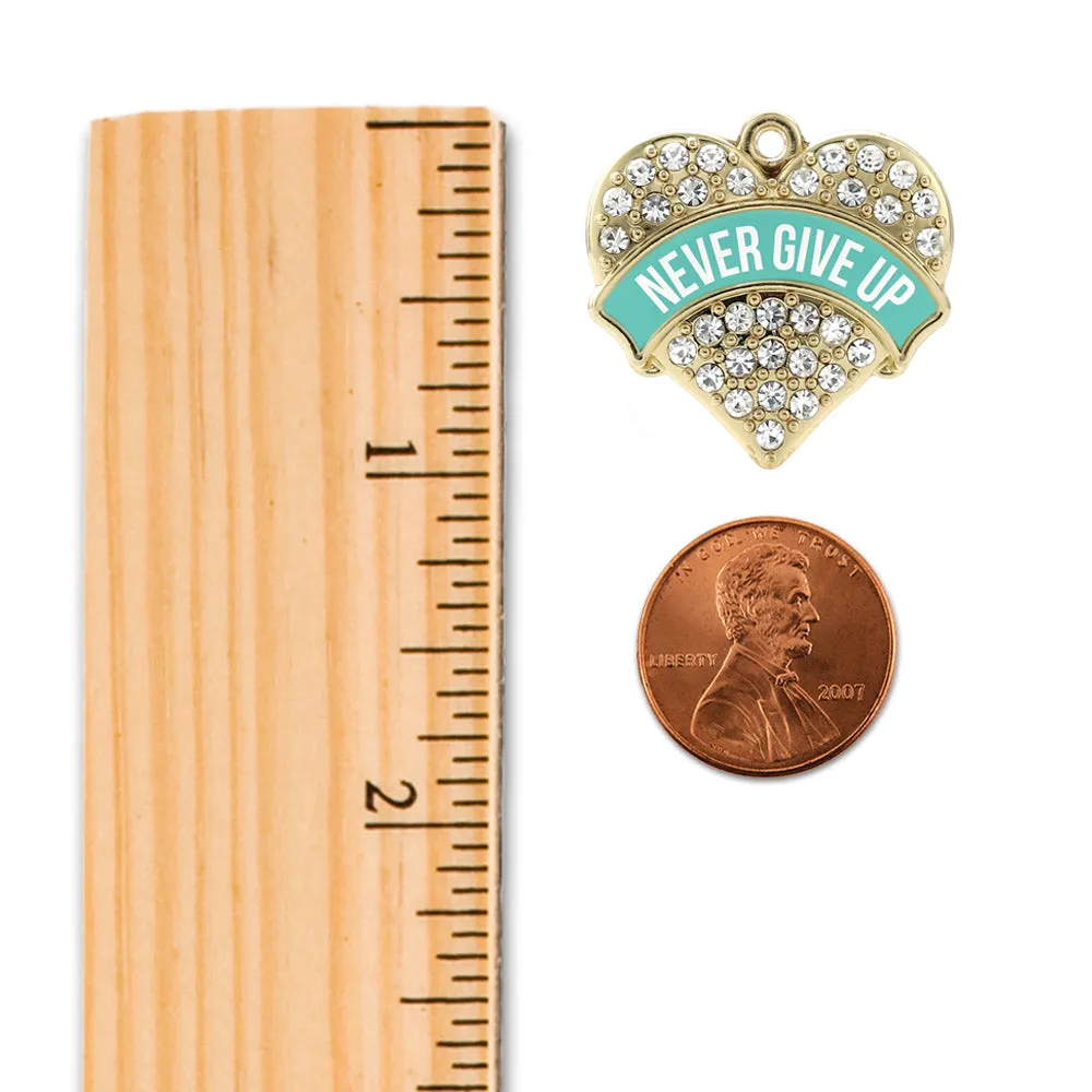 Gold Teal Banner Never Give up Pave Heart Charm Toggle Bracelet