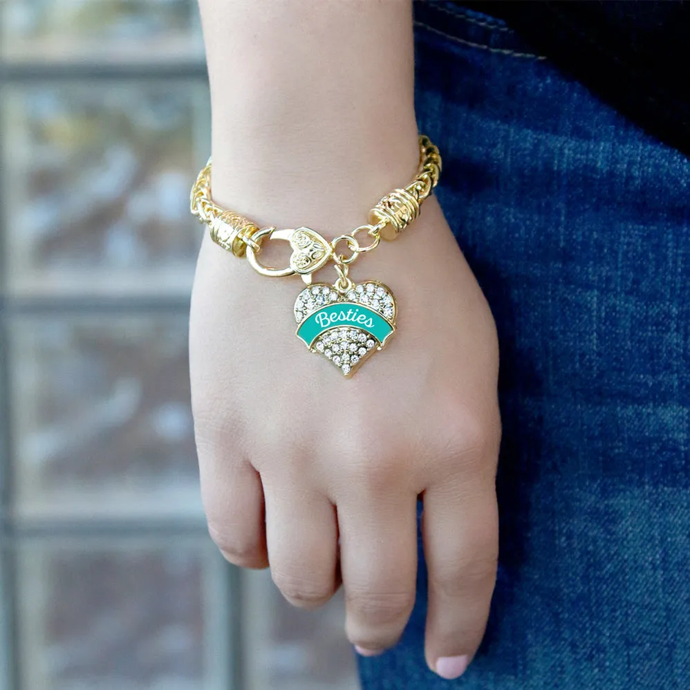 Gold Teal Besties Pave Heart Charm Braided Bracelet