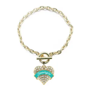 Gold Teal Flower Girl Pave Heart Charm Toggle Bracelet