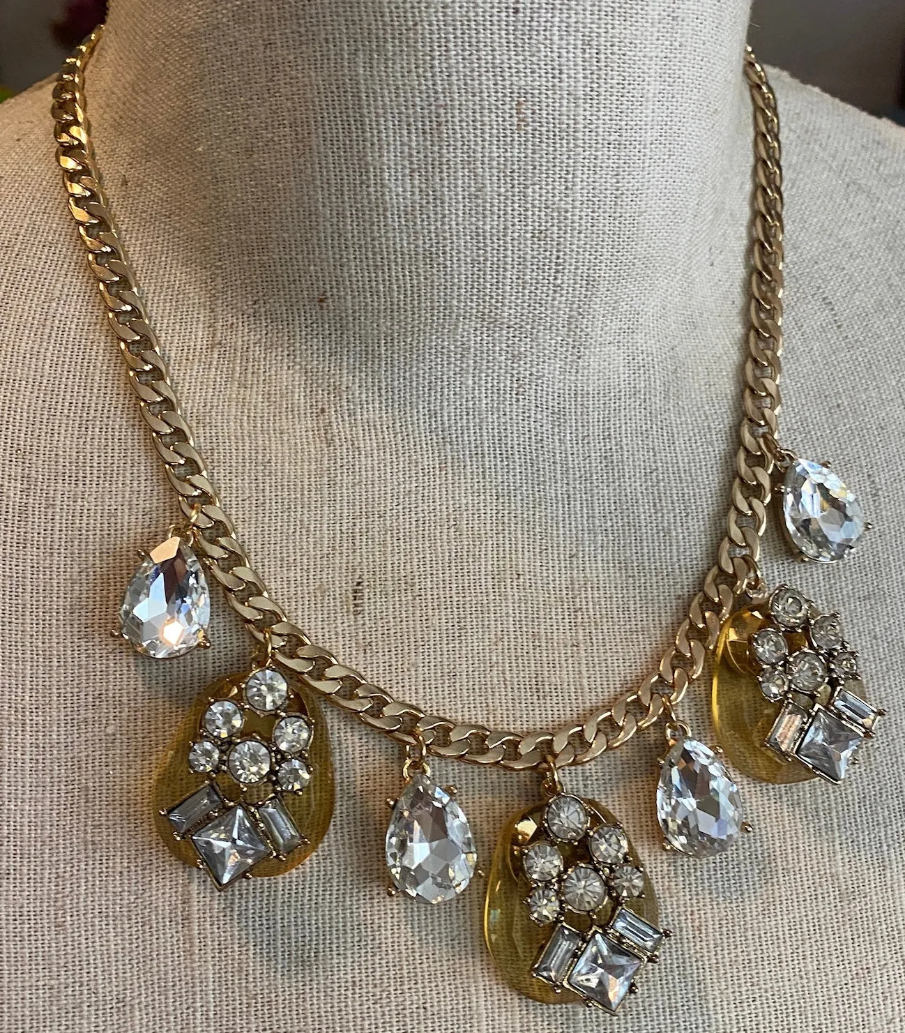 Gold Tone Metal Chain Rhinestone Statement Pageant Collar Necklace