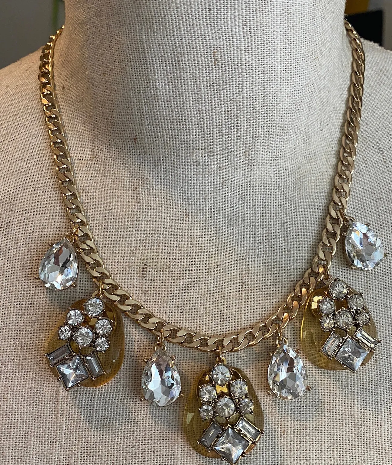Gold Tone Metal Chain Rhinestone Statement Pageant Collar Necklace