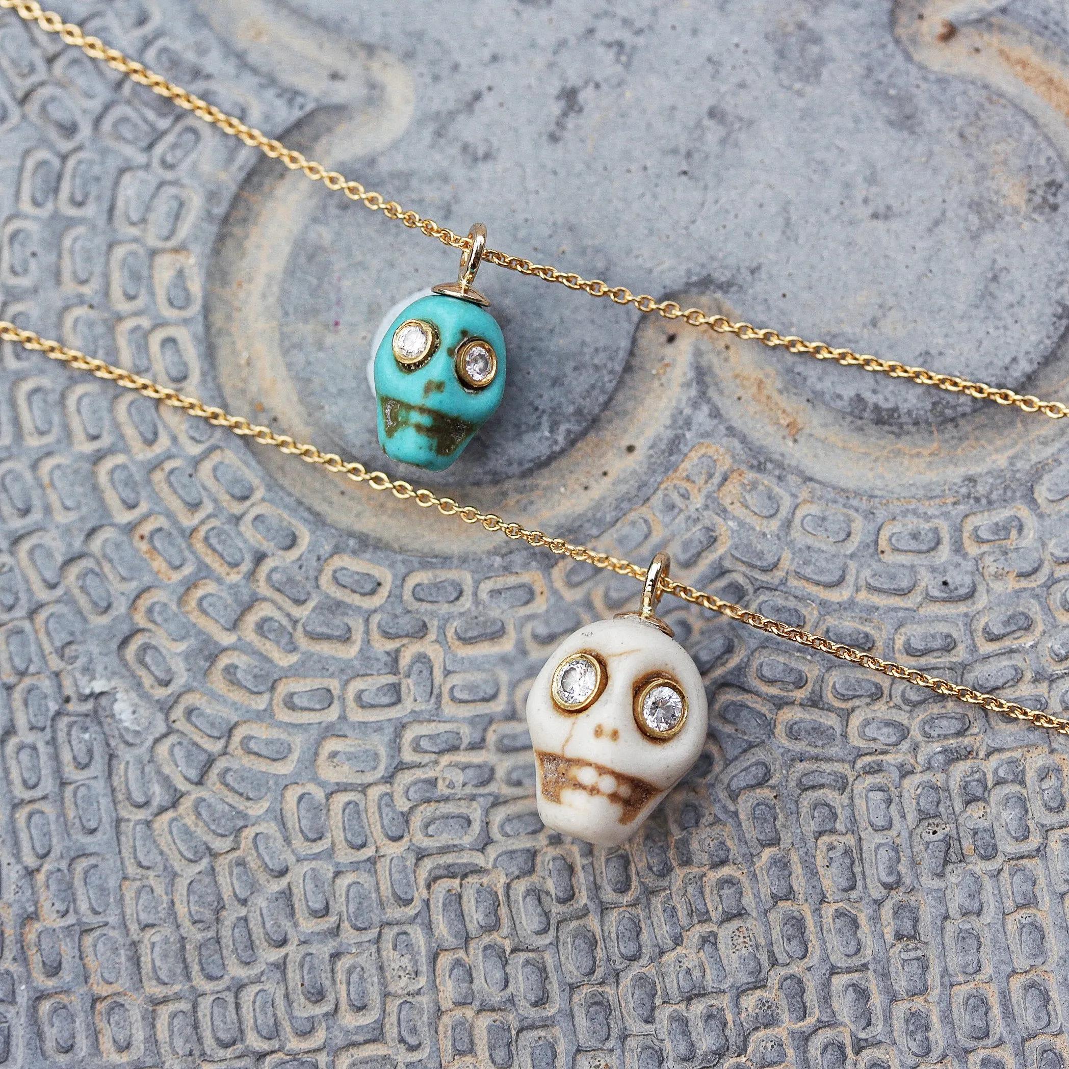 Hand Carved Skull Turquoise Bone, Gold & Diamonds Tribal Charm ♥