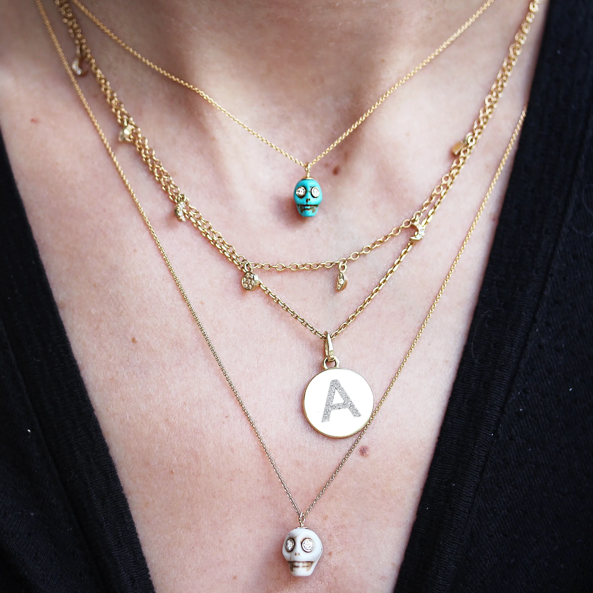 Hand Carved Skull Turquoise Bone, Gold & Diamonds Tribal Charm ♥