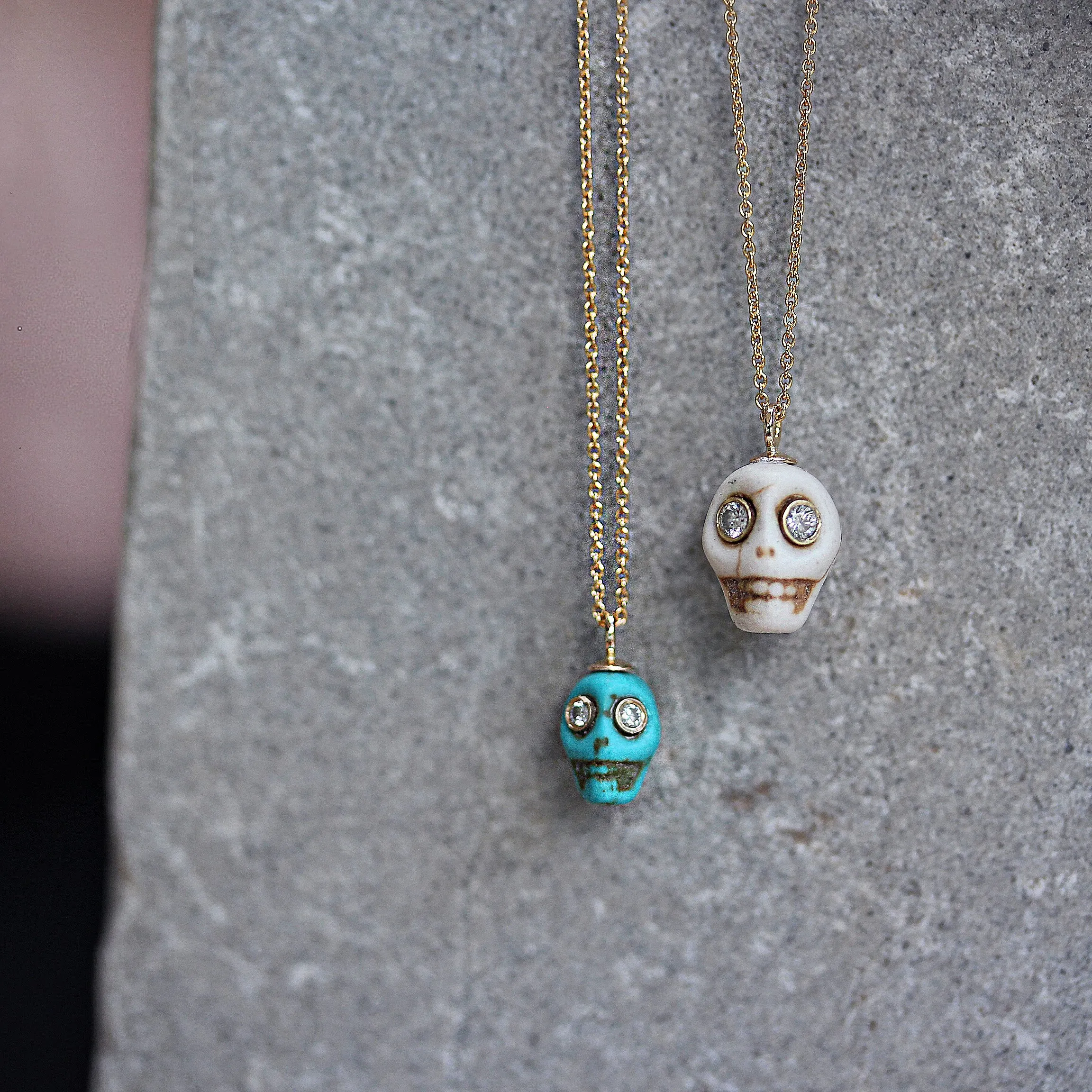 Hand Carved Skull Turquoise Bone, Gold & Diamonds Tribal Charm ♥