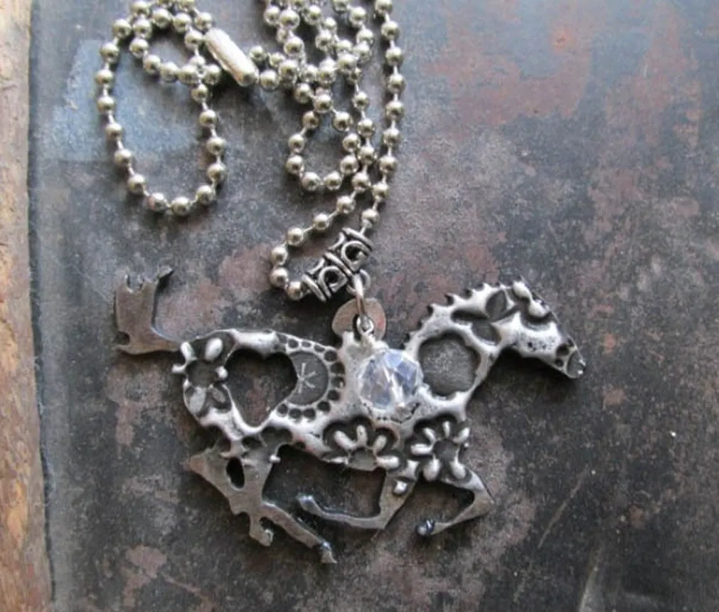 Handcrafted Running Horse with Heart Necklace
