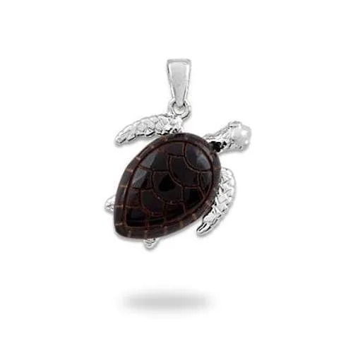 Honu Black Coral Pendant in White Gold with Diamonds - 16mm