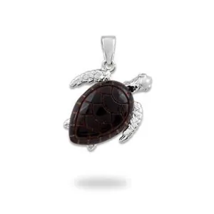 Honu Black Coral Pendant in White Gold with Diamonds - 16mm