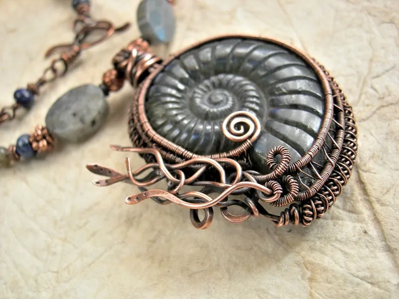 Iridescent Nautilus Necklace, Carved Labradorite, Copper Wire Wrap