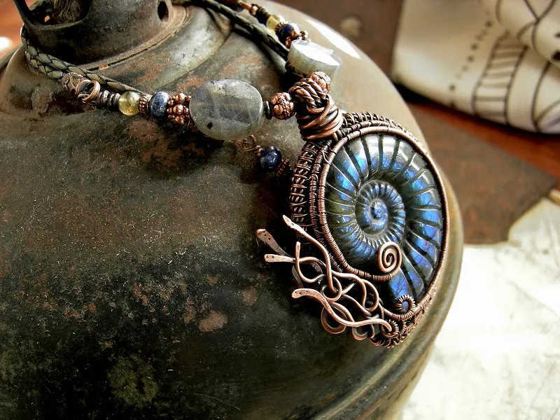 Iridescent Nautilus Necklace, Carved Labradorite, Copper Wire Wrap