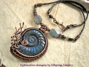 Iridescent Nautilus Necklace, Carved Labradorite, Copper Wire Wrap